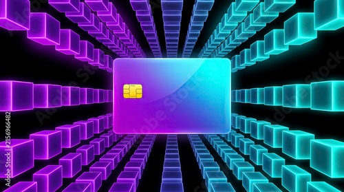 Blank credit card floating in a futuristic digital tunnel with neon purple and blue cubes.