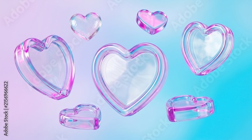 Floating iridescent glass hearts on a soft pastel gradient background for romantic design.
