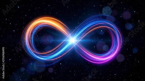 Glowing infinity symbol with vibrant light trails in deep space background