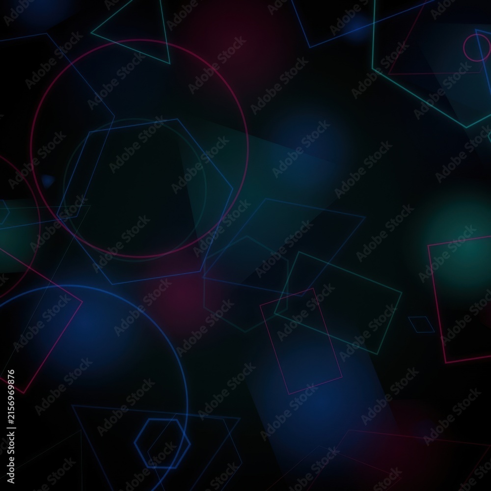 Obraz premium Abstract dark background, with overlapping geometric, shapes and soft, glowing neon light effects