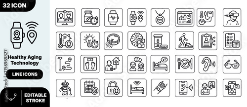 Set of thirty-two healthy aging and senior care technology vector line icons with wellness