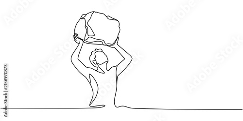 Continuous One Line Drawing of Person Removing Heavy Stone from Shoulders as Relief Concept