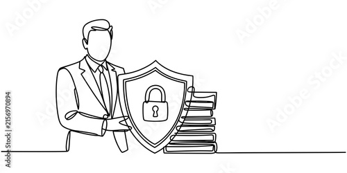Continuous One Line Drawing of Businessman Protecting Confidential Documents with Security Shield