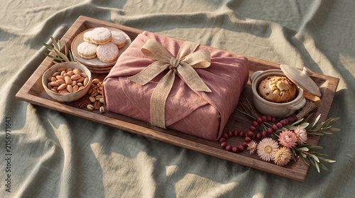 A beautifully wrapped gift on a wooden tray surrounded by cookies and nuts on a beige fabric background