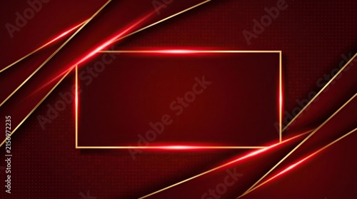 Abstract red background with glowing gold frame and diagonal lines for luxury design