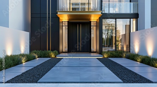 Luxury modern villa entrance with symmetrical stone driveway and warm uplighting, premium residential exterior for real estate branding and design.

