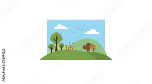 Bison grazing in a stylized landscape with trees and clouds, flat design