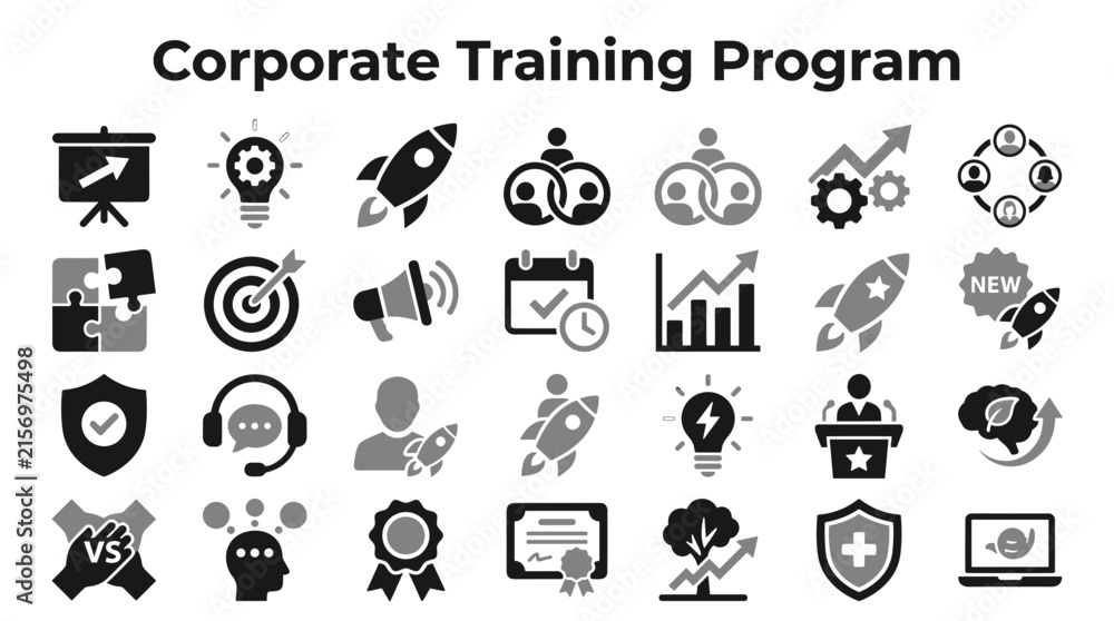 Fototapeta premium Set of corporate training program icons featuring business development leadership communication teamwork and professional growth symbols for educational design
