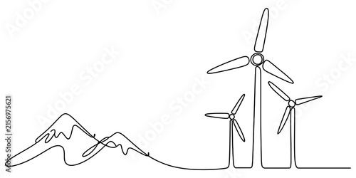 Continuous single line drawing of wind turbines and mountains representing renewable energy and nature conservation concept with minimalist artistic style