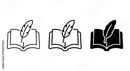 Open Book and Feather Quill Icons, Writing and Literature Symbols, Vector Set