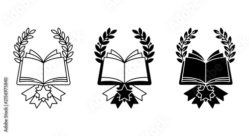 Award Winning Open Books with Laurel Wreaths and Ribbons, Vector Icons Set