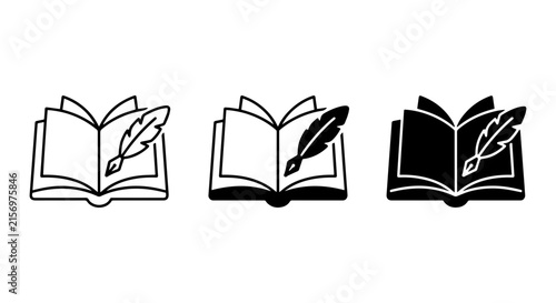 Open Book and Feather Quill Icons, Writing and Education Symbols, Vector Set