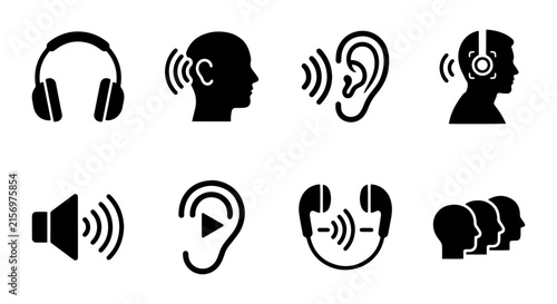 Audio Sound Wave Icons, Hearing Ear Symbols, Music Headphones, Sound Volume Vector Set