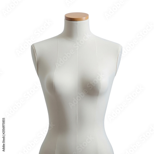 Empty female dress form mannequin torso with wood neck cap for clothing display