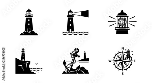 Nautical Lighthouse Icons, Marine Navigation Symbols, Coastal Beacon Vector Set