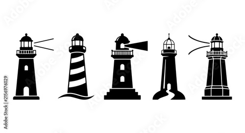 Set of 5 Black Lighthouse Icons, Nautical Navigation Beacons, Coastal Guidance Symbols, Maritime Safety Vector Collection