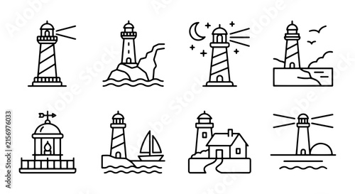 Nautical Lighthouse Icons, Coastal Beacon Vector Set, Maritime Navigation Symbols, Marine Guidance Graphics