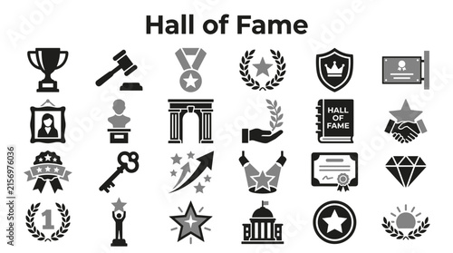 Set of flat monochrome icons representing awards and hall of fame achievements isolated on a white background