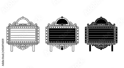 Retro Cinema Marquee Signs, Vintage Theater Display Boards, Ornate Showbiz Frames, Vector Set