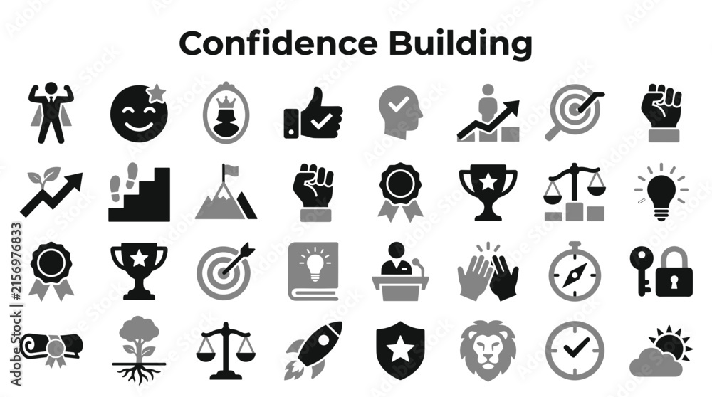 Fototapeta premium Set of confidence building symbols and personal growth icons depicting success achievement and motivation concepts in flat monochrome style isolated