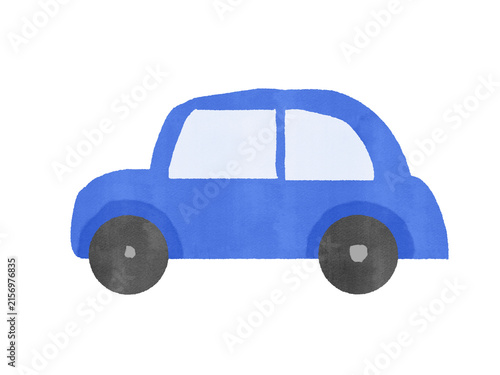 青い車の水彩風の主線無しのイラスト