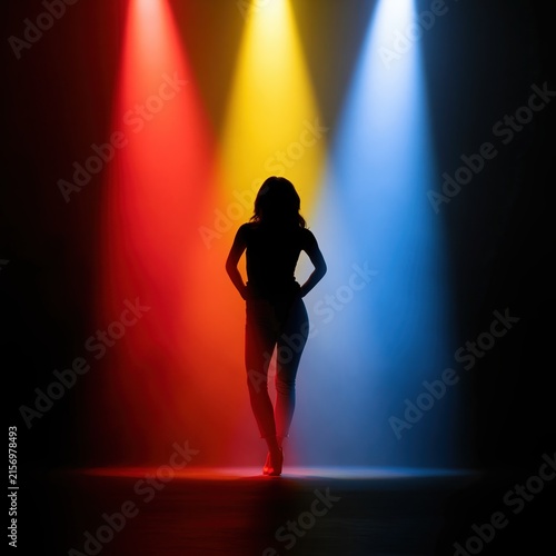 Silhouette of woman standing under colorful stage lights