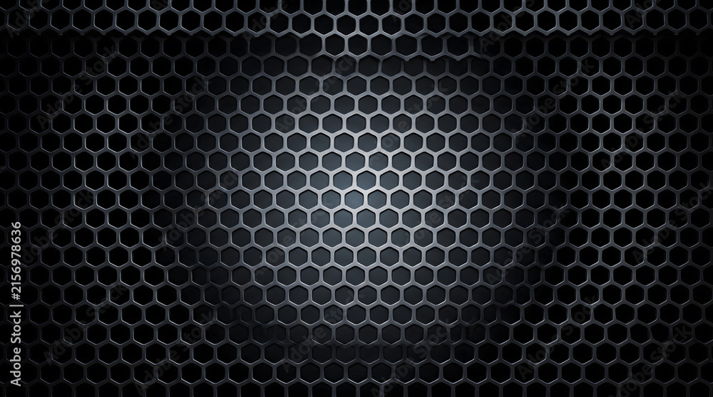 Naklejka premium Dark metallic honeycomb grid background with hexagonal steel mesh texture, central spotlight illumination, carbon fiber feel, and dark vignette borders for gaming, technology design