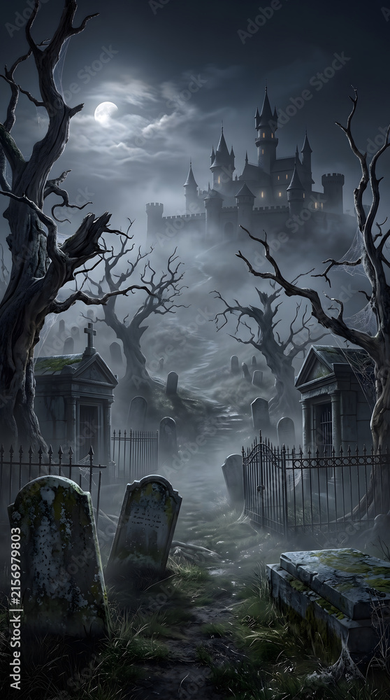 Fototapeta premium Moonlit graveyard path leading toward a haunted castle with dramatic mobile copy space.