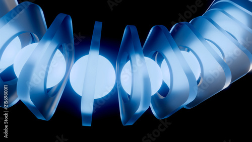 Fotografie Abstract 3D glowing blue spheres with glass frames on dark background
