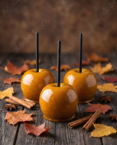Glossy caramel apples with autumn styling and premium product copy space.