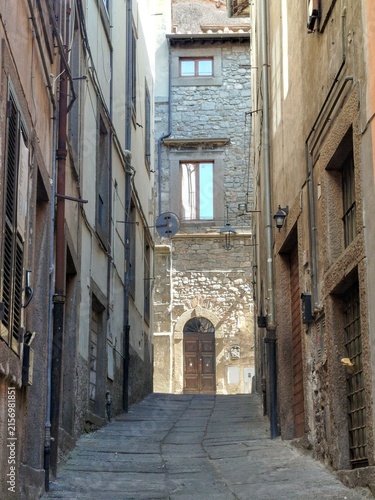 Narrow Medieval Alley with Large Stone Flagstones and Sunlit Door in Viterbo
