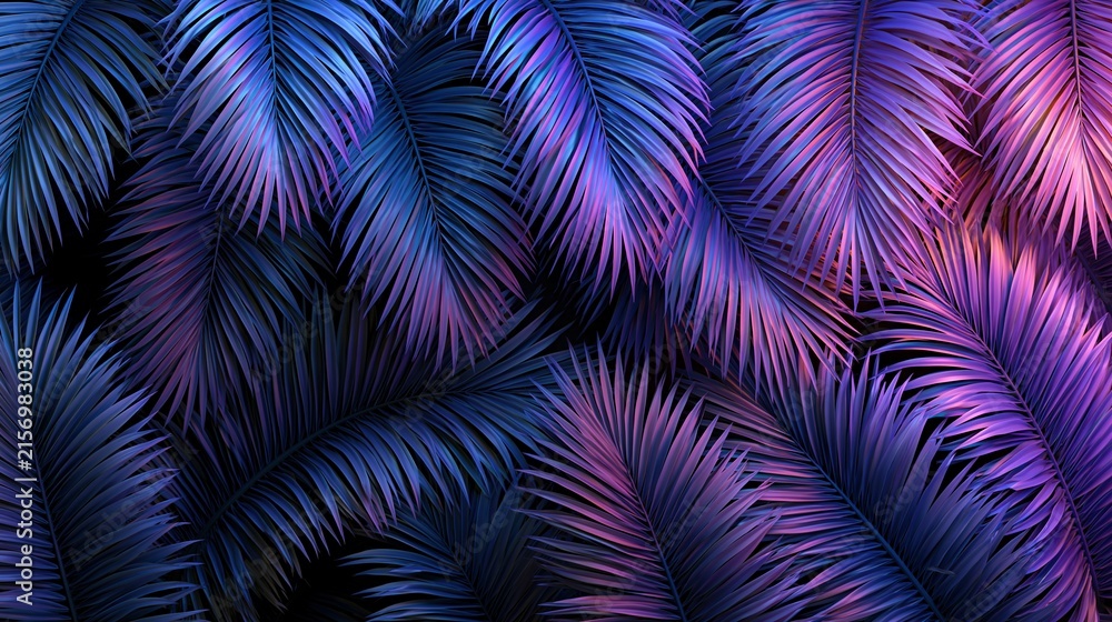 Fototapeta premium Vibrant Neon Palm Fronds with Dark Background, Tropical Abstract