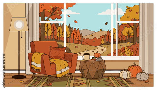 Cozy Autumn Living Room Interior Vector Illustration with Armchair Floor Lamp Coffee Table Pumpkins and Window View of Fall Forest Landscape Scenery