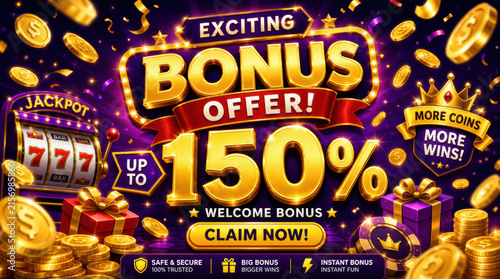Casino bonus banner with golden coins, slot machine, and gift boxes. Promotional design for gambling games, betting, and winning jackpots.