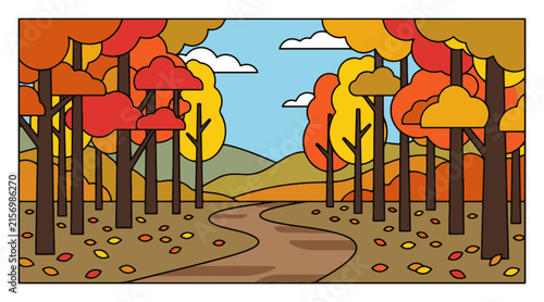 Autumn Forest Landscape Vector Illustration with Winding Path Colorful Trees Fallen Leaves and Mountains in Flat Style for Fall Seasonal Scenery Design Backgrounds
