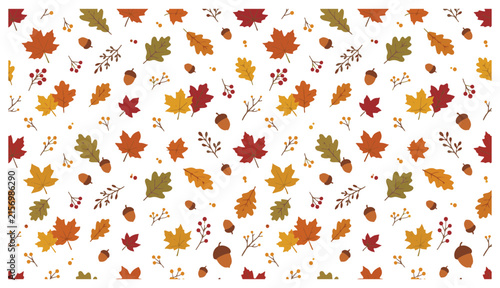 Seamless Autumn Leaves Pattern with Maple Oak Foliage Acorns and Berries Branches in Flat Vector Style for Fall Harvest Backgrounds and Textile Print Design