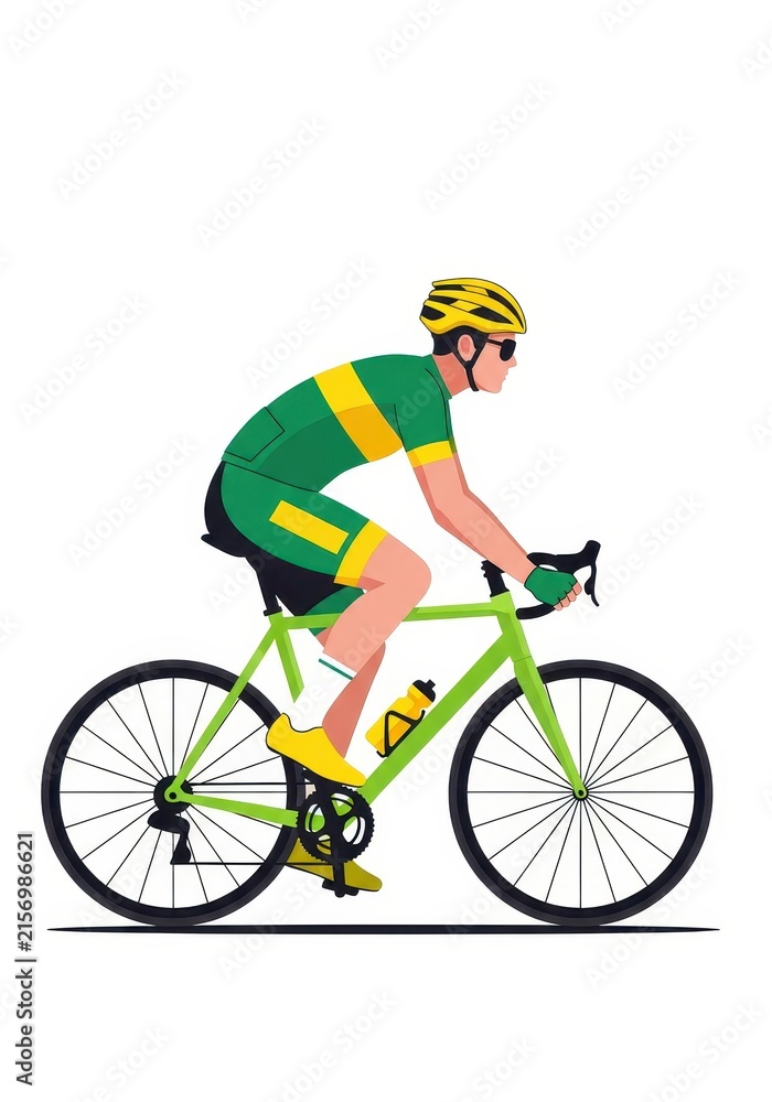 Fototapeta premium Professional Male Cyclist in Green and Yellow Gear Riding a Road Bike Illustration Isolated on White Background