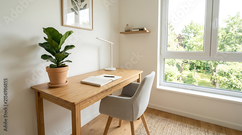 Modern home office interior with wooden desk, chair, and window view