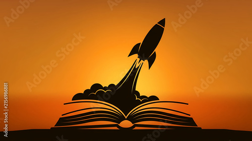 Silhouette of rocket launching from book at sunset