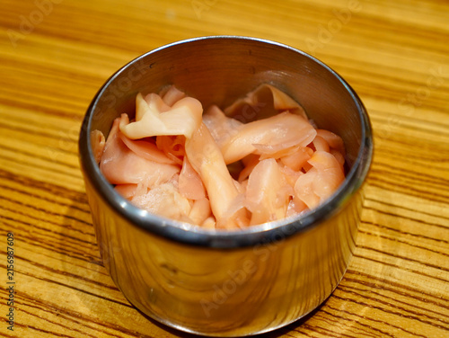 Canvastavla A bowl of Japanese sweet pickled ginger gari served as a traditional sushi condi