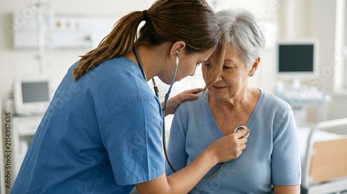 nurse checking heart rate of senior woman in hospital