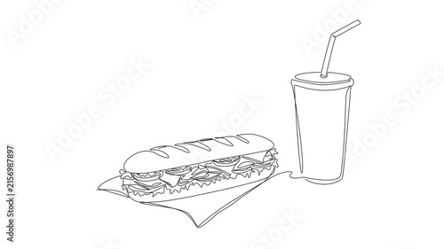 animated continuous line drawing of long sandwich sub on paper napkin and soft drink in disposable cup with straw, fast food line art animation