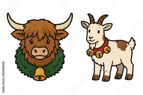 Highland cow with wreath and goat with bell animal characters highland character wildlife illustration domestic creature decoration livestock clanging pastoral farmyard portrait