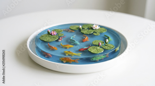 Serene pond scene with colorful fish and lily pads creates sense of tranquility on round plate