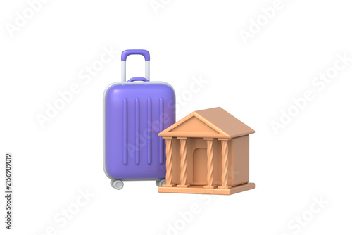 International business trips. Obtaining visa at the consulate. Legal aspects of migration. Large travel suitcase beside official government building isolated on white background. 3d render