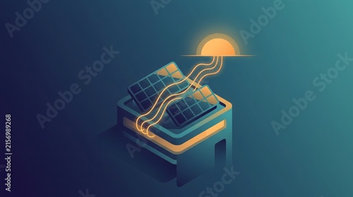 Solar panels on roof of building powered by glowing orange sun for energy.