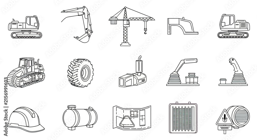 Fototapeta premium Industrial building components and site machinery outline icons.