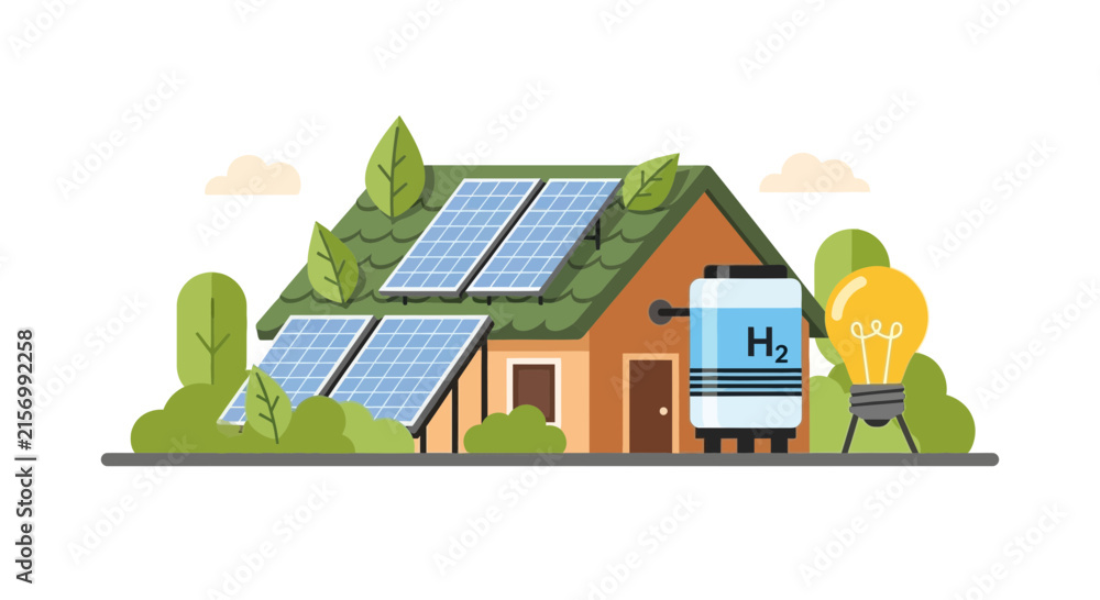 Naklejka premium Sustainable House Illustration with Solar Panels and Hydrogen H2 Storage Tank for Renewable Energy Concept