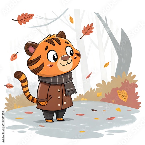 Cute cartoon tiger cub wearing brown coat in autumn