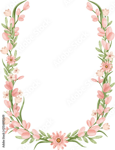 Watercolor Botanical Wreath Frame With Pastel Pink Wildflowers. Whimsical Frame. Hand-painted Meadow Border.  Transparent background. For Cottagecore Wedding Invitations, Autumn Greeting Cards.
